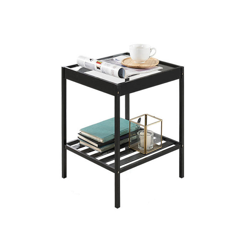 Modern Glass Top Night Table Open Storage Bamboo Bed Nightstand with Legs