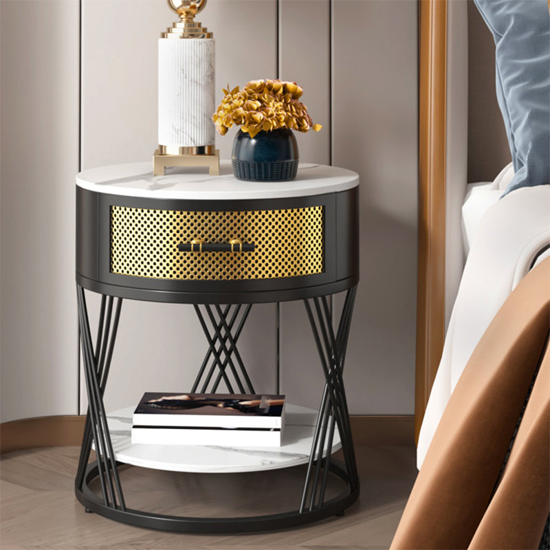 Glam Stone Top Night Table Open Storage 1-Drawer Metal Legs Included Nightstand