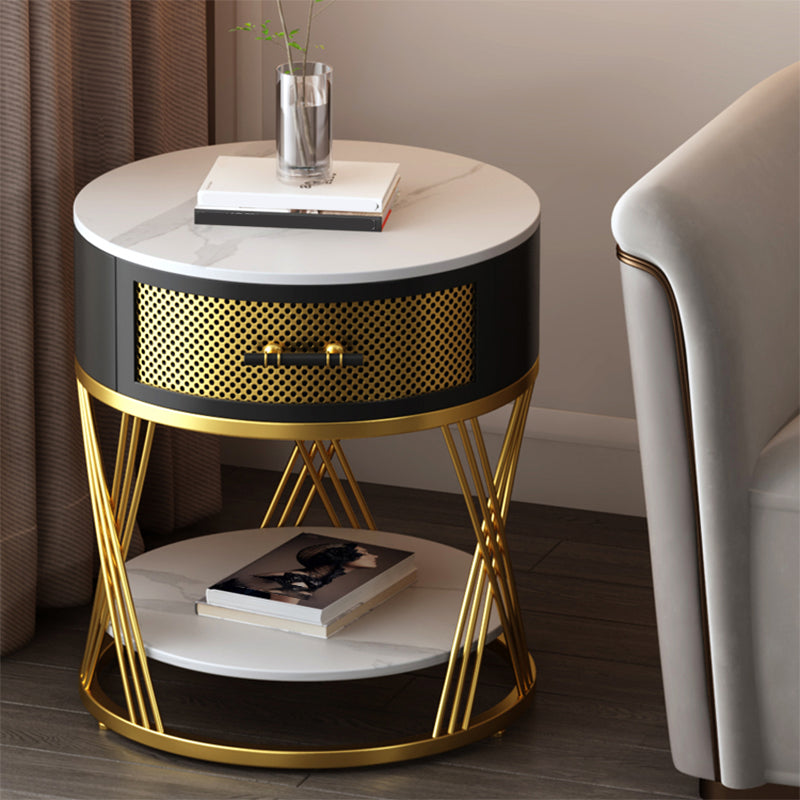 Glam Stone Top Night Table Open Storage 1-Drawer Metal Legs Included Nightstand