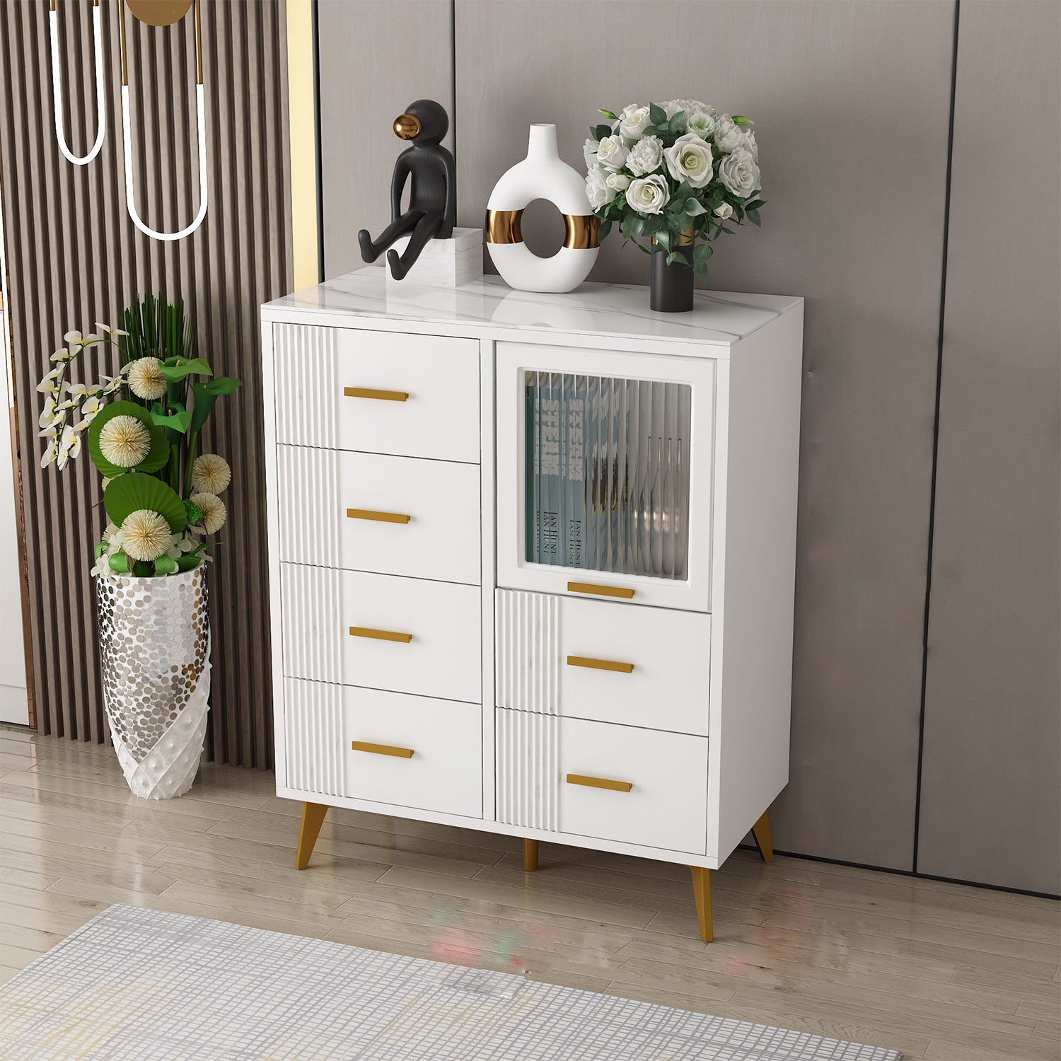 Modern Slate Top Combo Dresser Wooden Storage Chest Dresser in White / Grey