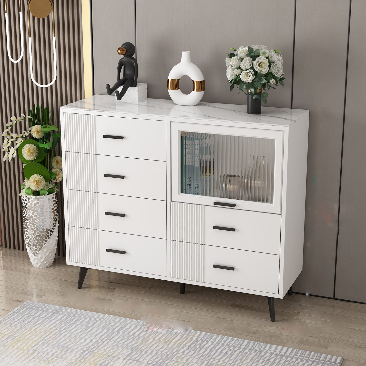 Modern Slate Top Combo Dresser Wooden Storage Chest Dresser in White / Grey