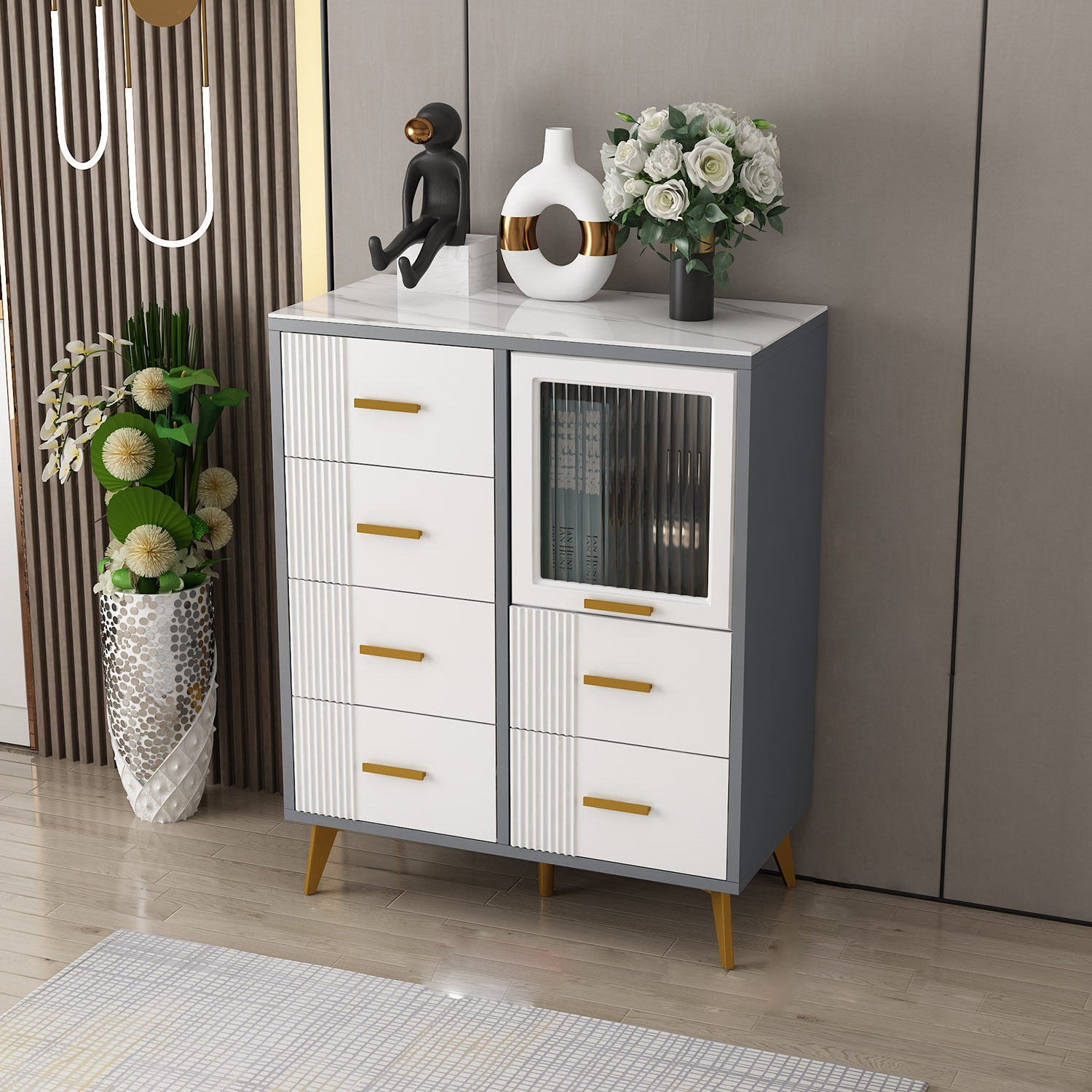 Modern Slate Top Combo Dresser Wooden Storage Chest Dresser in White / Grey