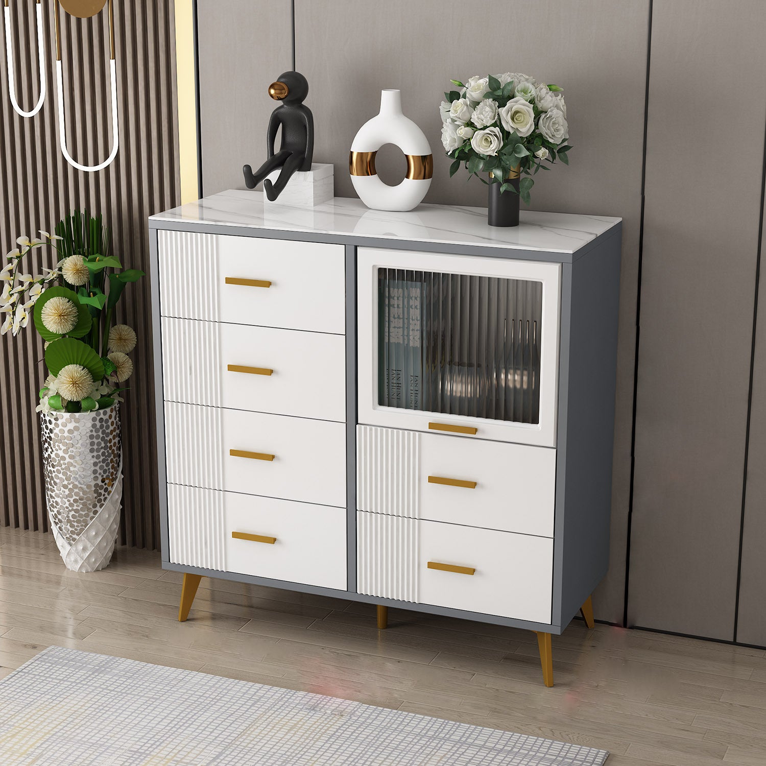 Modern Slate Top Combo Dresser Wooden Storage Chest Dresser in White / Grey