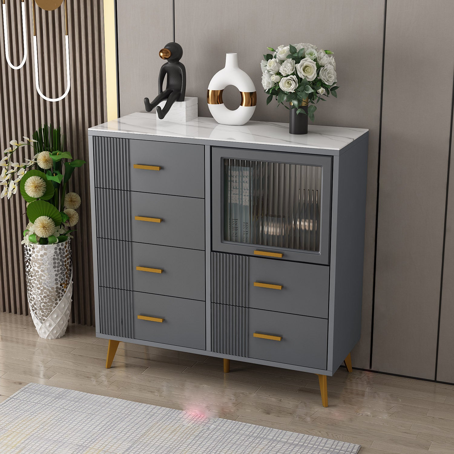 Modern Slate Top Combo Dresser Wooden Storage Chest Dresser in White / Grey