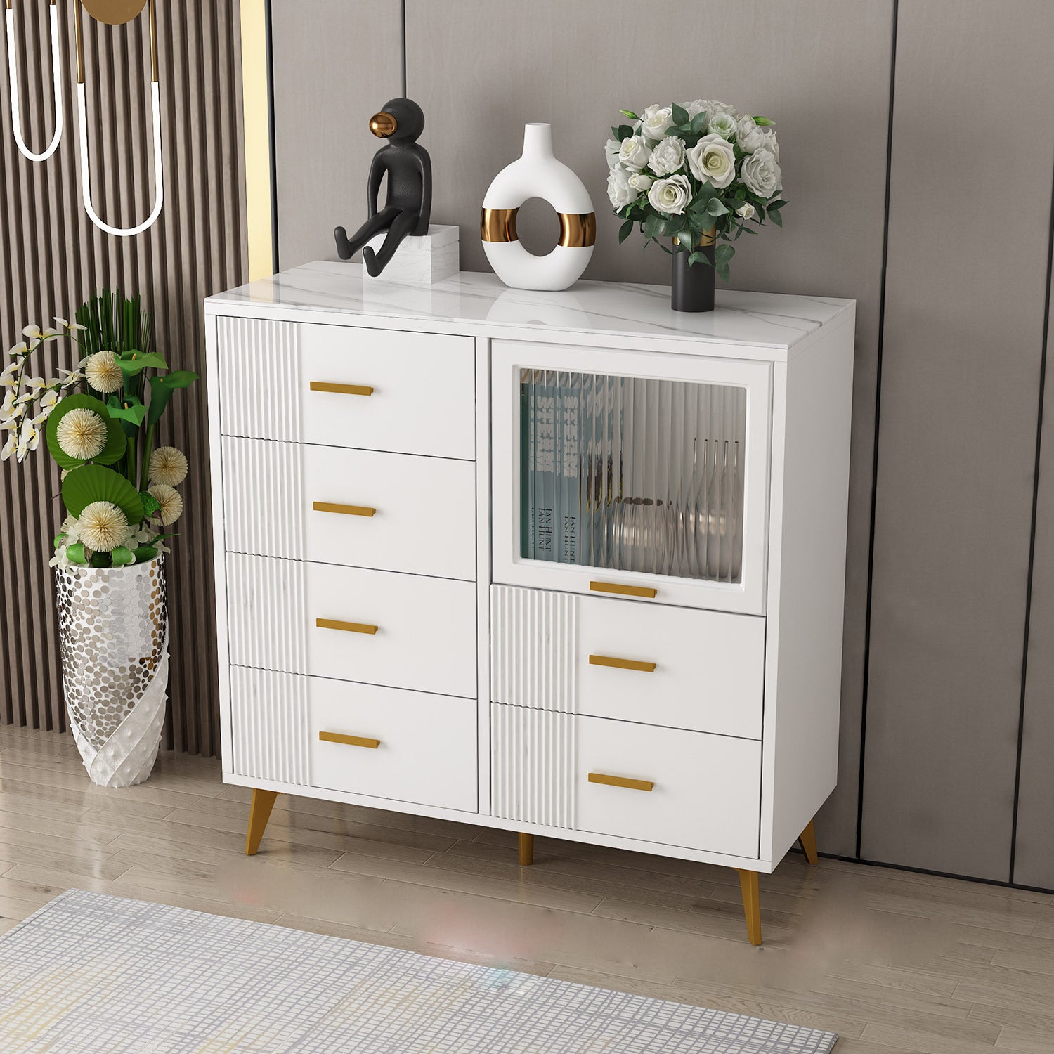 Modern Slate Top Combo Dresser Wooden Storage Chest Dresser in White / Grey