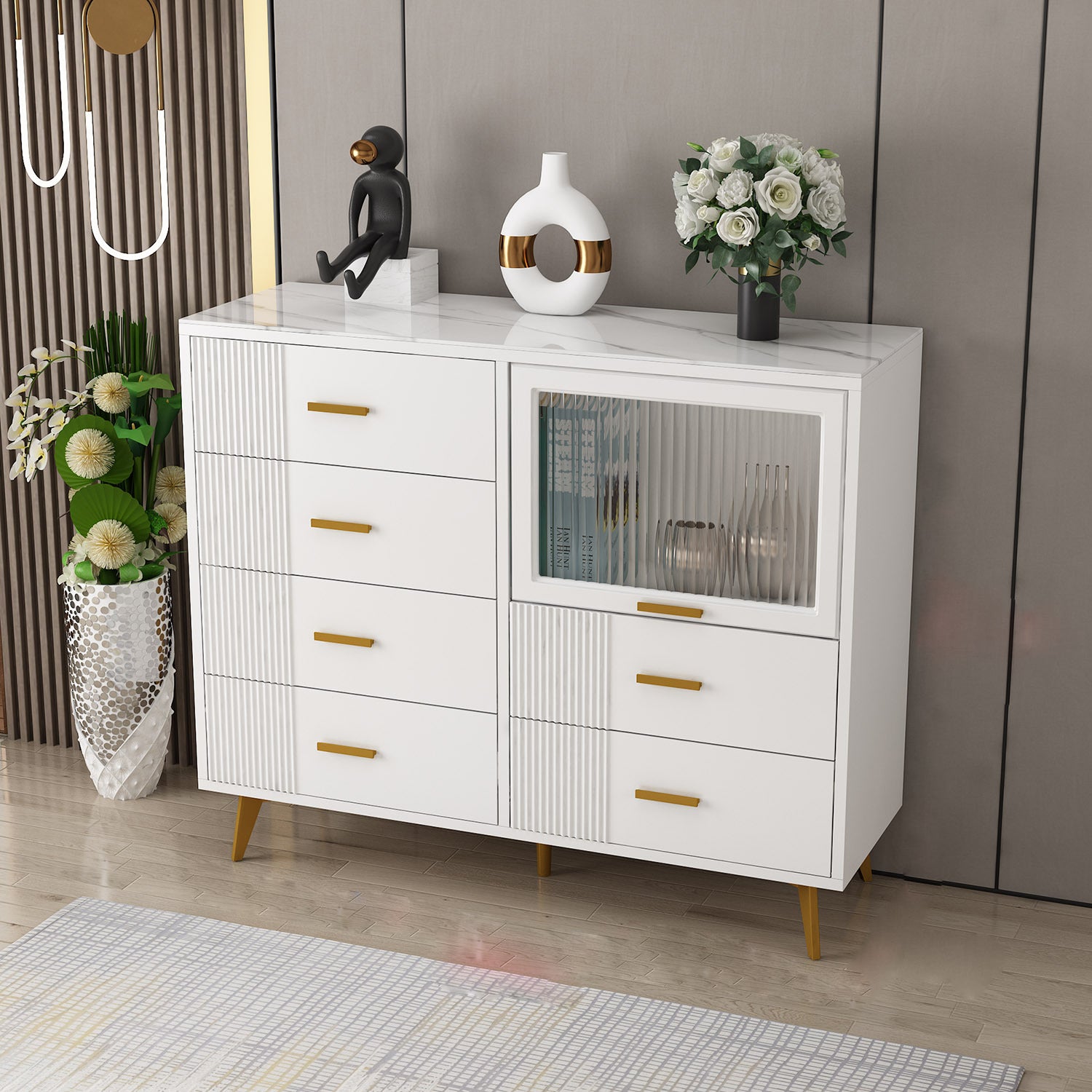 Modern Slate Top Combo Dresser Wooden Storage Chest Dresser in White / Grey