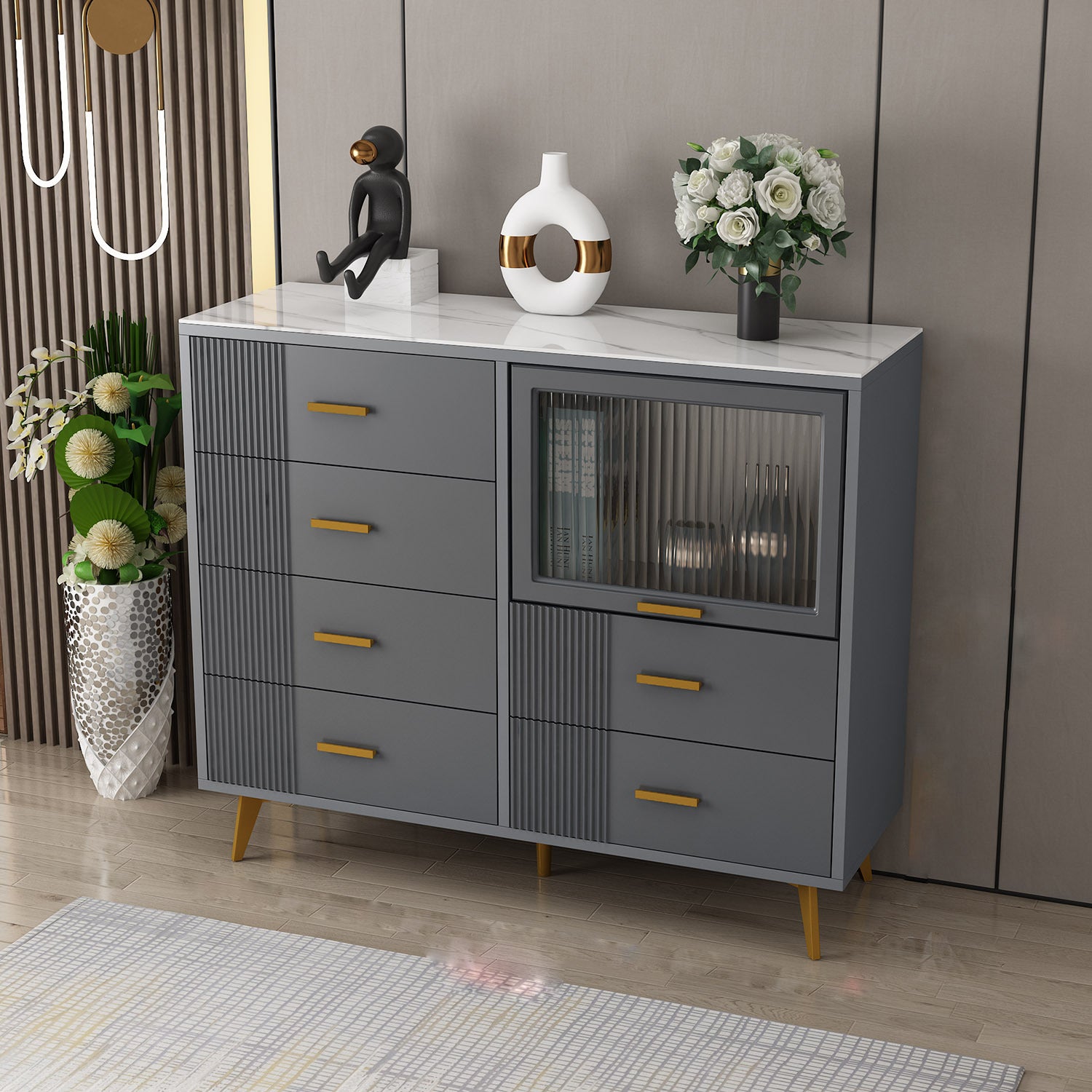 Modern Slate Top Combo Dresser Wooden Storage Chest Dresser in White / Grey