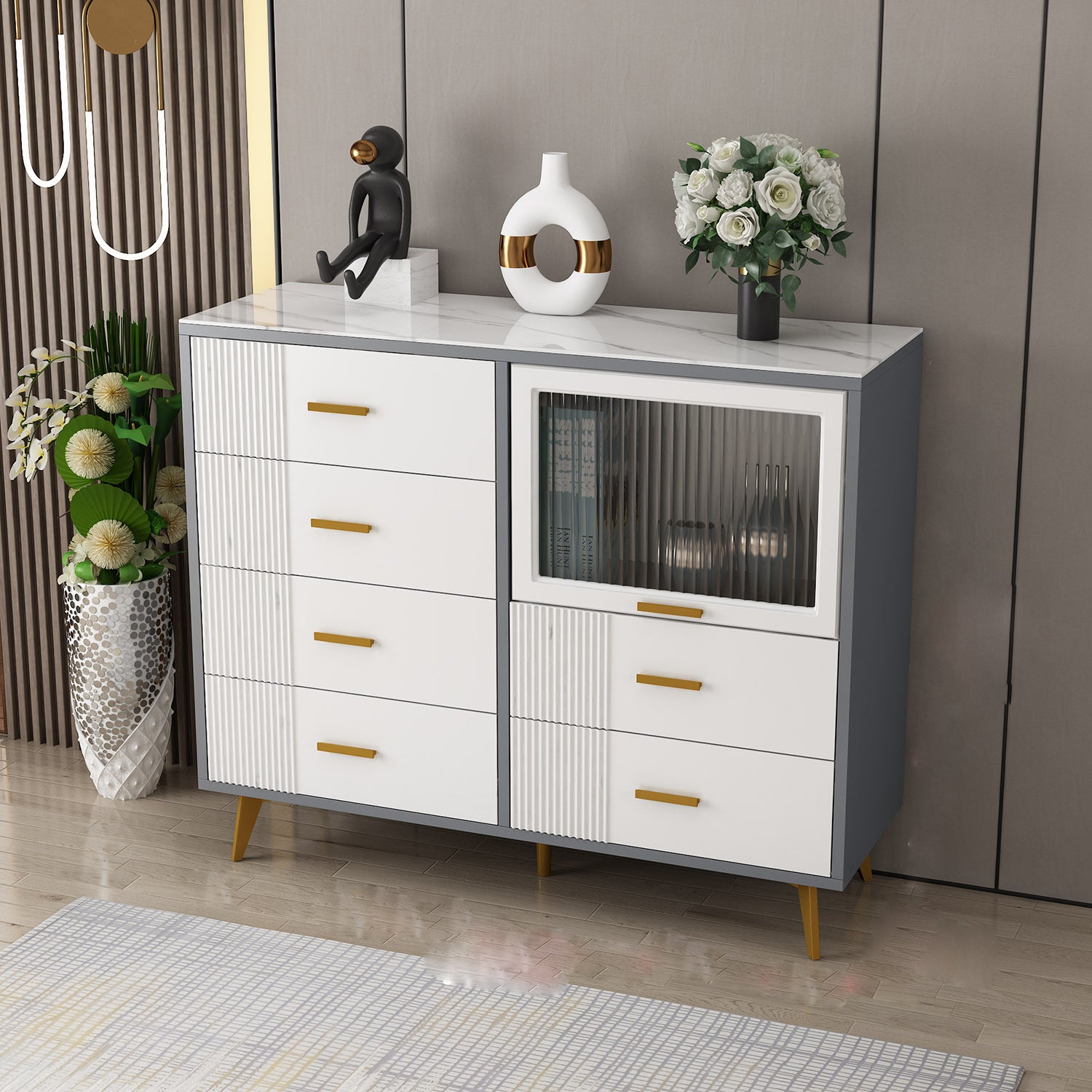 Modern Slate Top Combo Dresser Wooden Storage Chest Dresser in White / Grey