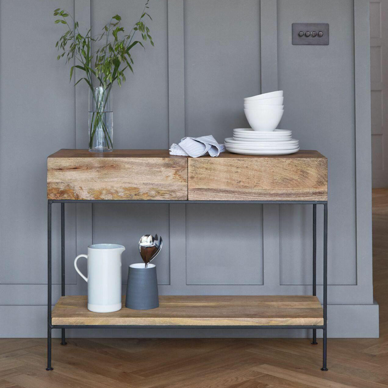 2-drawer Console Table in Brone and Wood Shelf Console Table