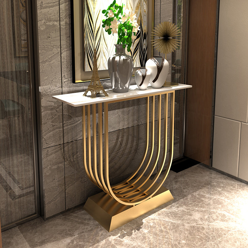 Glam Style Stone Top Console Table with Iron Pedestal Base for Hall