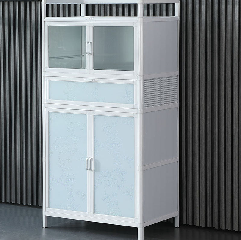 White Kitchen Buffet Stand Modern Metal Glass Doors Open Storage Buffet