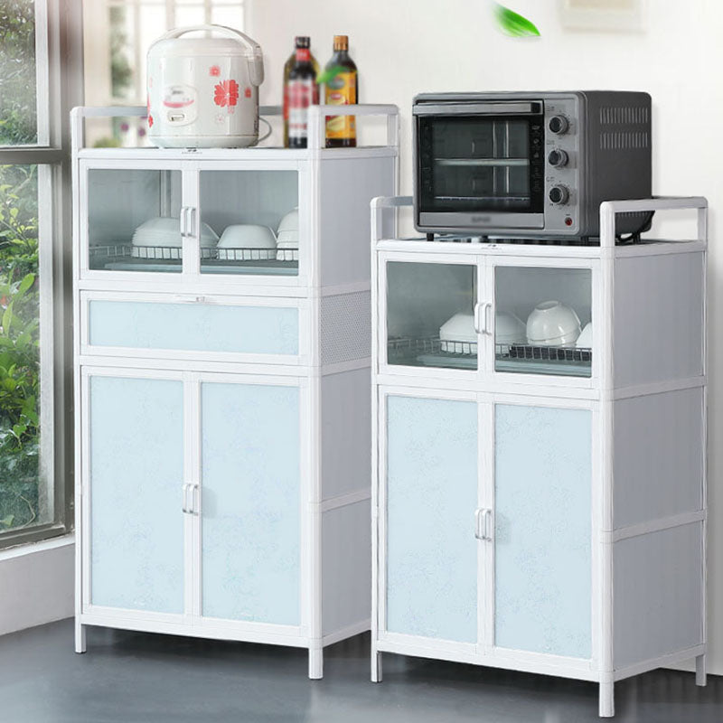 White Kitchen Buffet Stand Modern Metal Glass Doors Open Storage Buffet