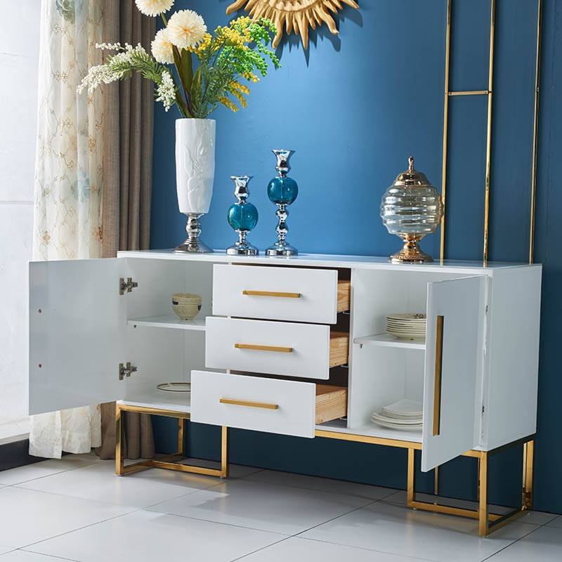 3-Drawer Engineered Wood Sideboard Glam Tempered Glass Countertop Credenza for Dining Room