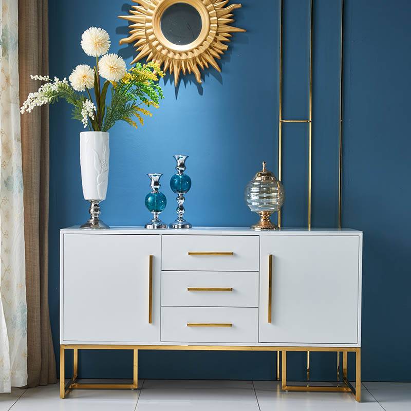 3-Drawer Engineered Wood Sideboard Glam Tempered Glass Countertop Credenza for Dining Room