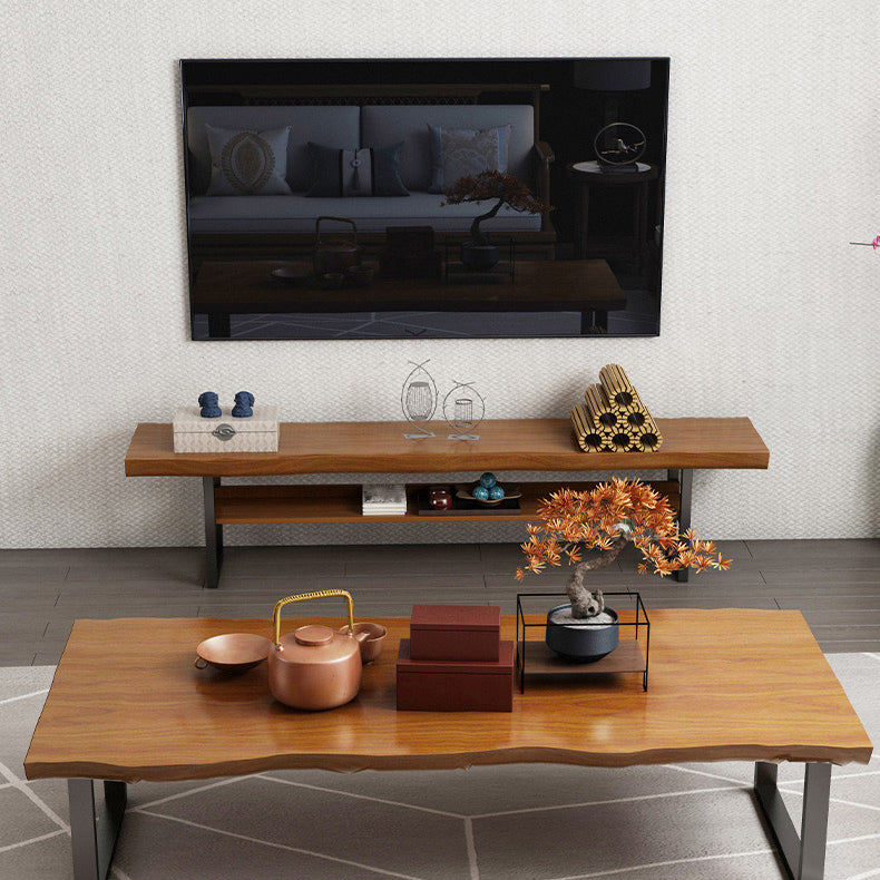 Industrial Pine Wood Top TV Media Stand Brown Media Console with Shelves