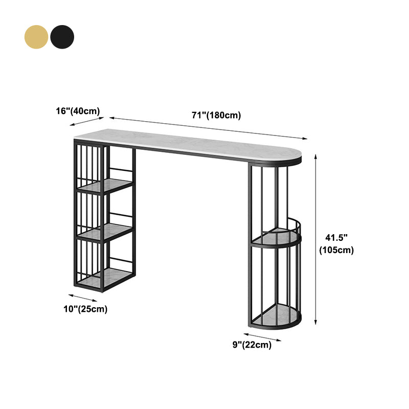 Glossy White Stone Top Bar Table with Storage Glam Specialty Pub Table for Living Room