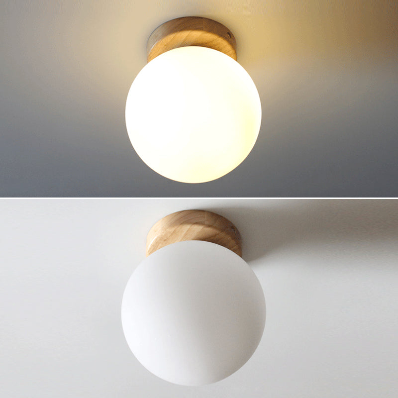 Scandinavian Wooden Ceiling Light  Globe Glass Shaded Flush Mount Lighting