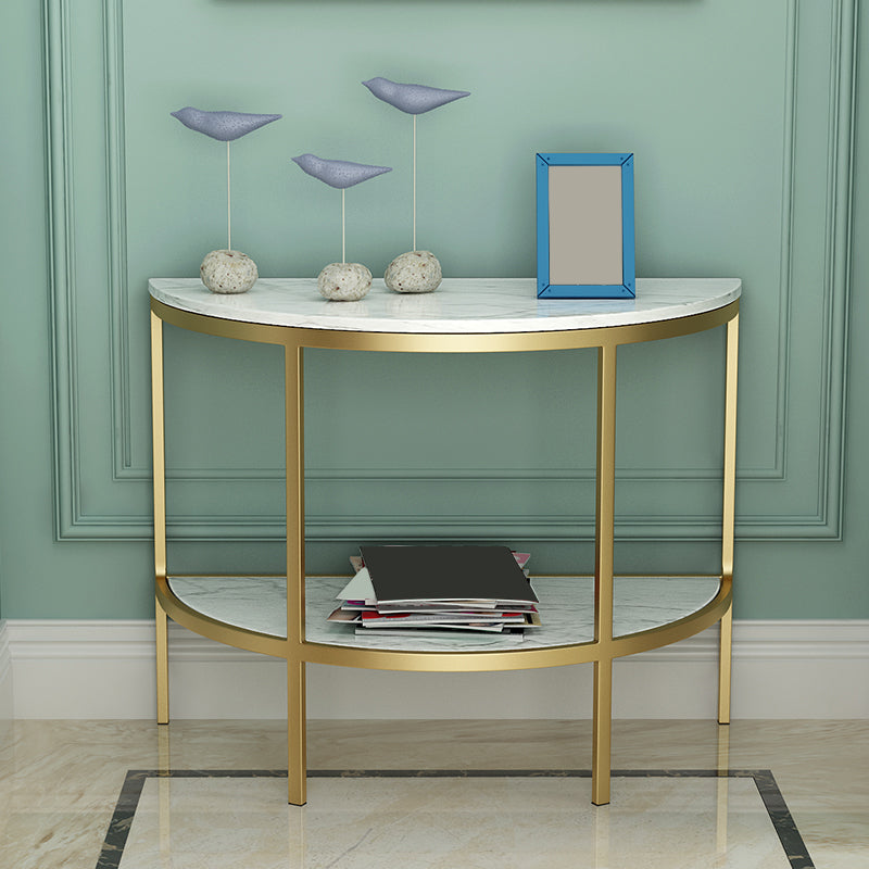 Modern Half Moon Console Table with Storage Shelf and Marble Top