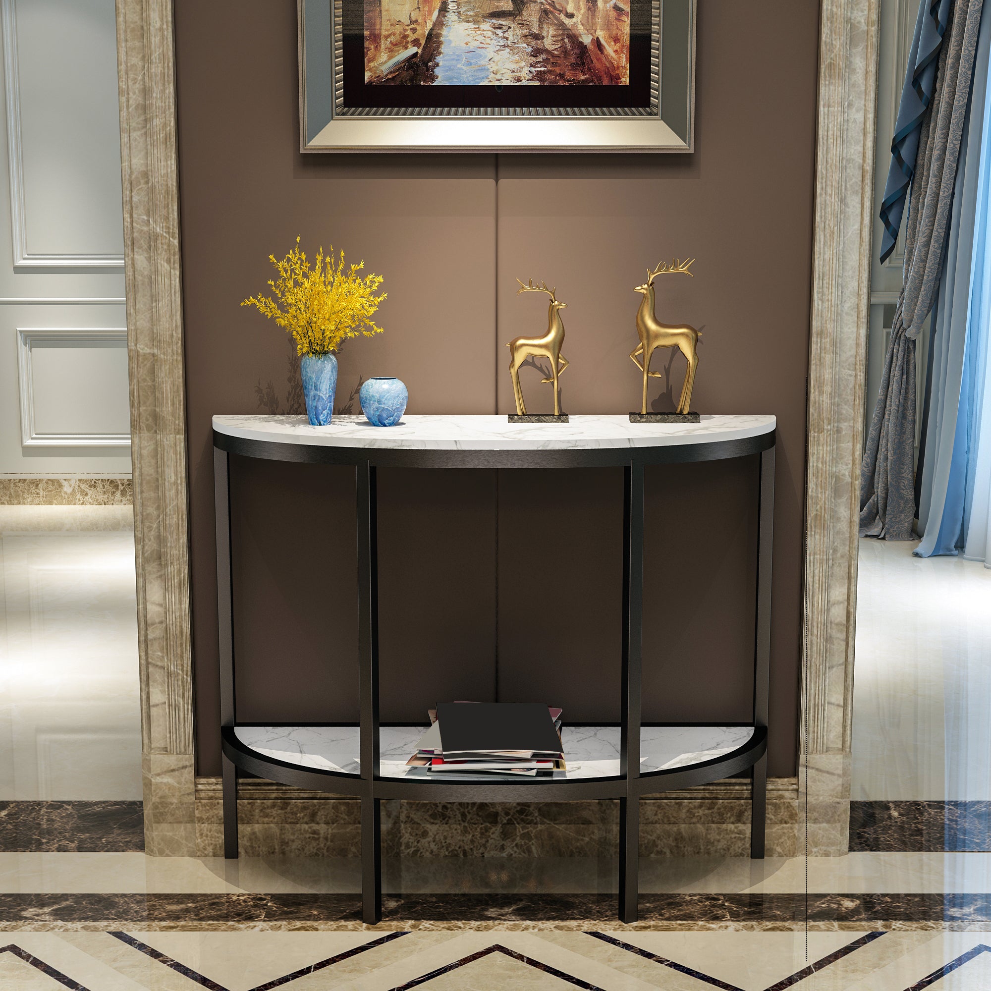 Modern Half Moon Console Table with Storage Shelf and Marble Top