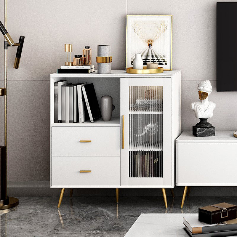 2-Drawer Engineered Wood Sideboard Glam Striped Glass Doors Credenza with Stone Countertop