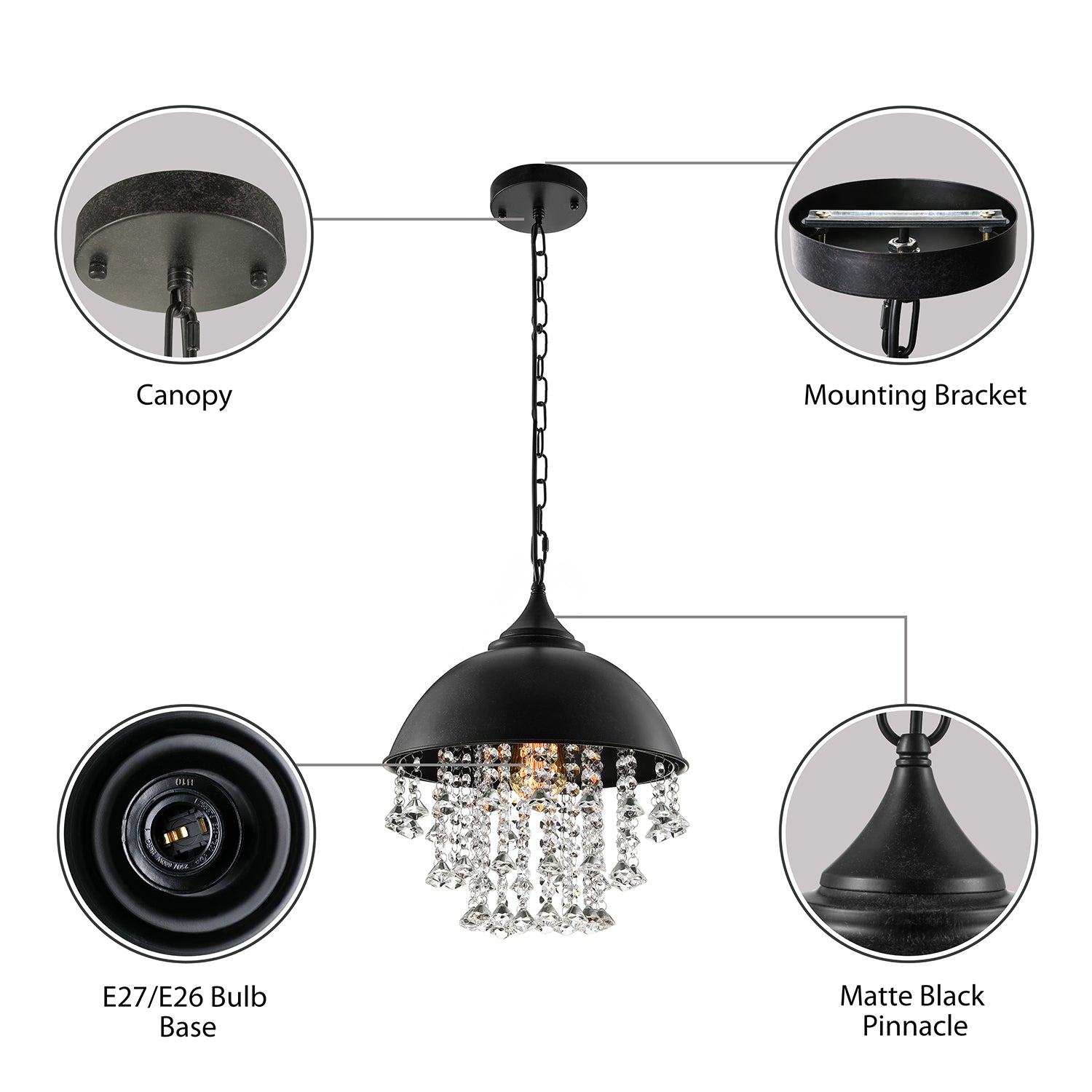 1 Bulb Dome Pendant Light Fixture Industrial Black/Chrome Metal Hanging Light with Crystal Bead