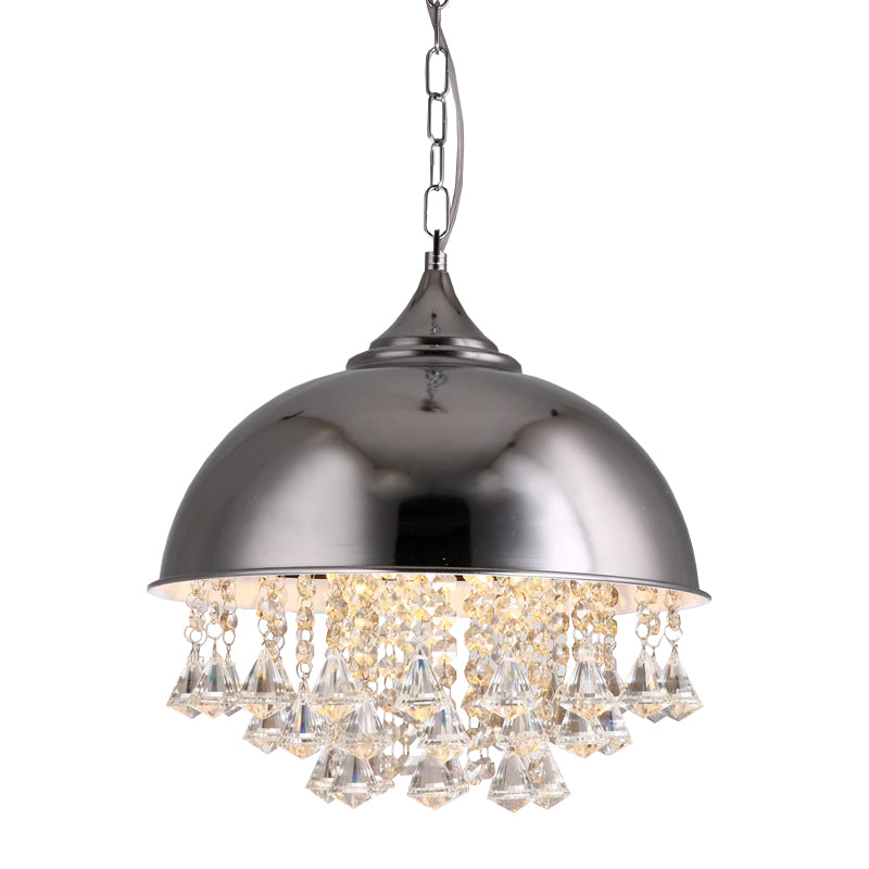 1 Bulb Dome Pendant Light Fixture Industrial Black/Chrome Metal Hanging Light with Crystal Bead