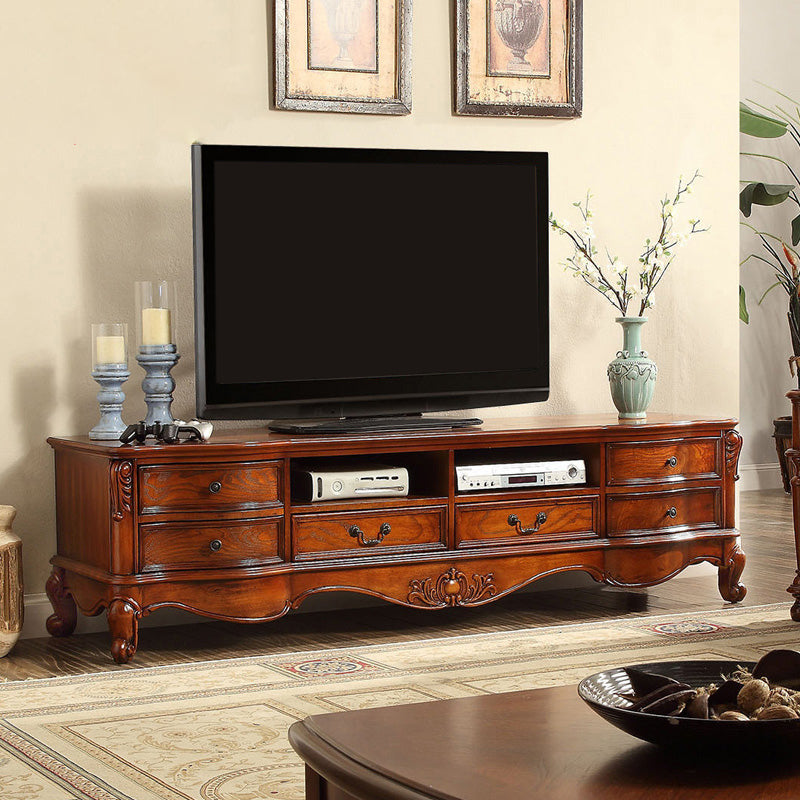 Traditional Style TV Stand Brown Birch Wood TV Cabinet with Shelves