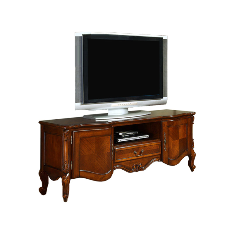 Traditional Style TV Stand Brown Birch Wood TV Cabinet with Shelves