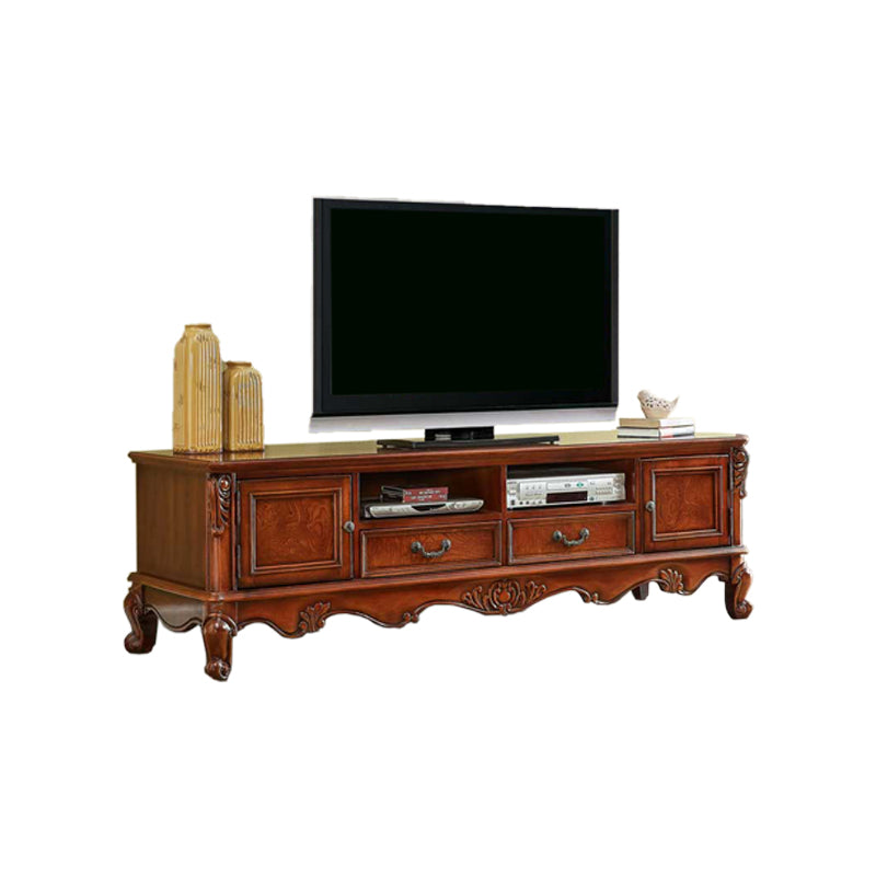 Traditional Style TV Stand Brown Birch Wood TV Cabinet with Shelves