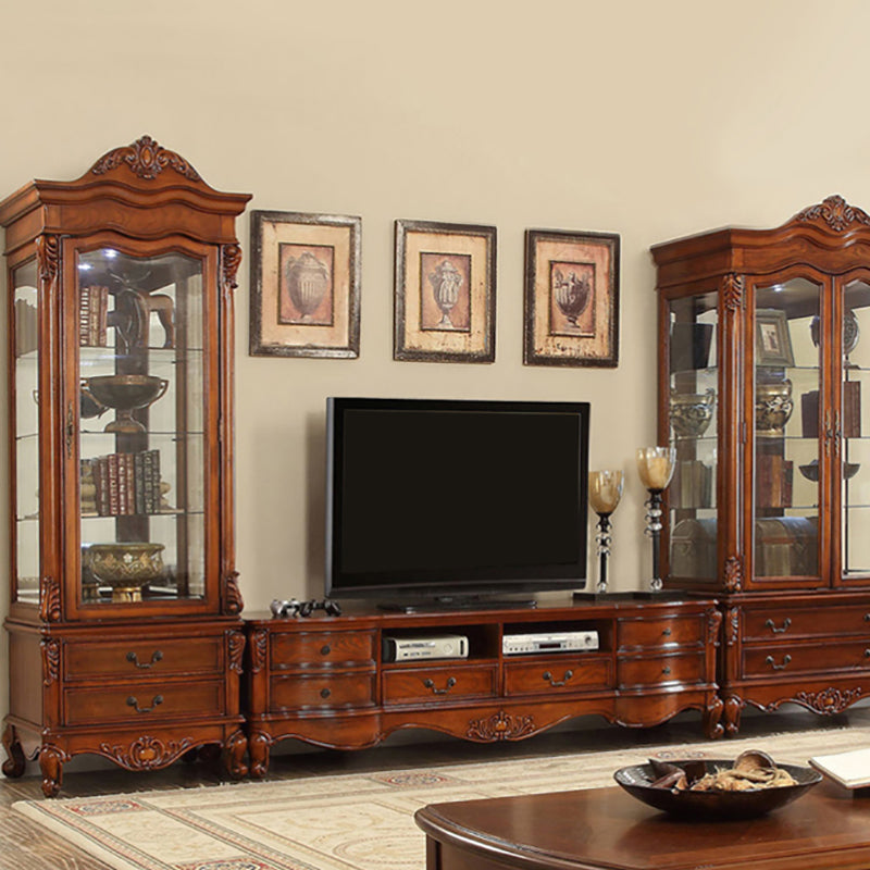 Traditional Style TV Stand Brown Birch Wood TV Cabinet with Shelves