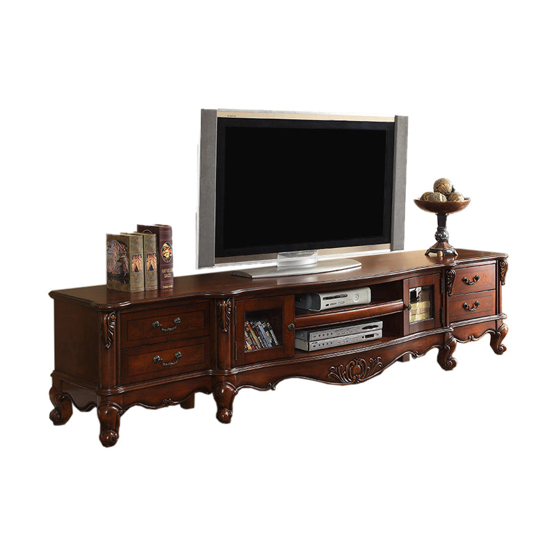 Traditional Style TV Stand Brown Birch Wood TV Cabinet with Shelves