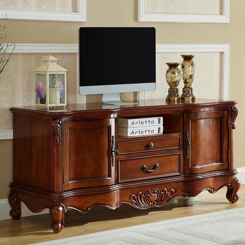 Traditional Style TV Stand Brown Birch Wood TV Cabinet with Shelves