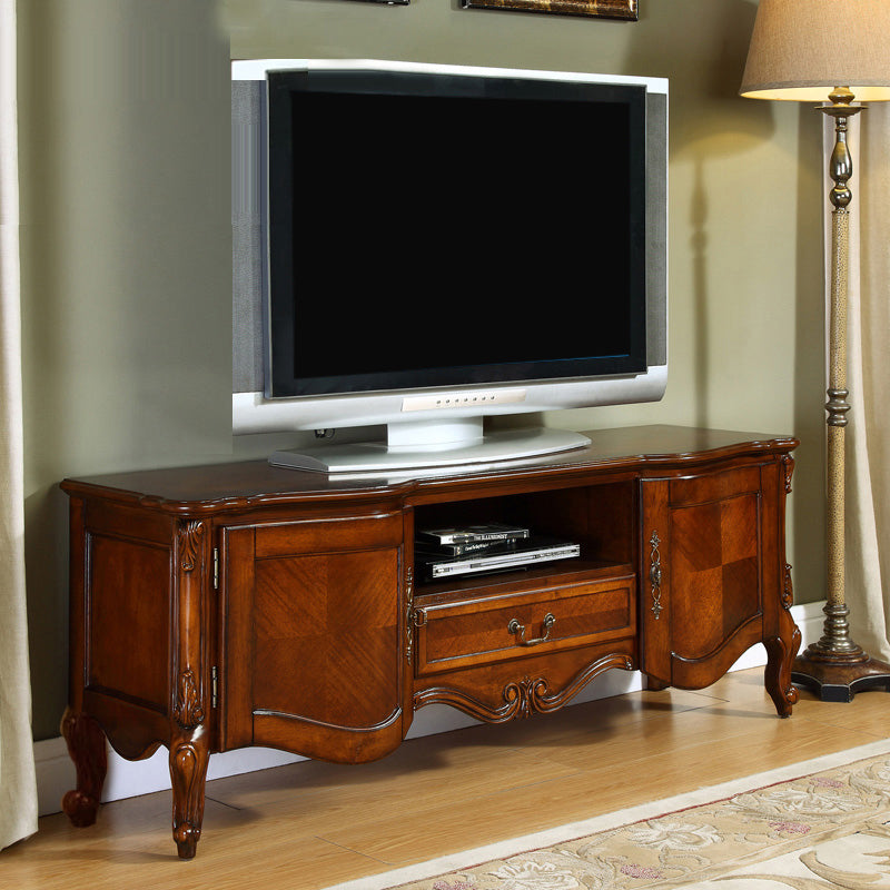 Traditional Style TV Stand Brown Birch Wood TV Cabinet with Shelves