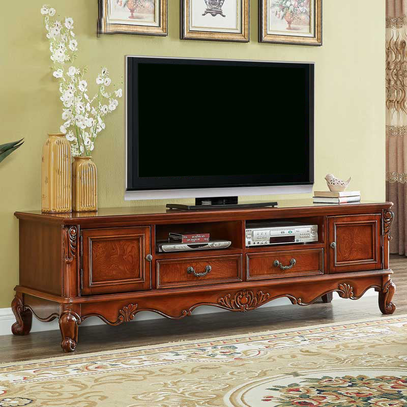 Traditional Style TV Stand Brown Birch Wood TV Cabinet with Shelves