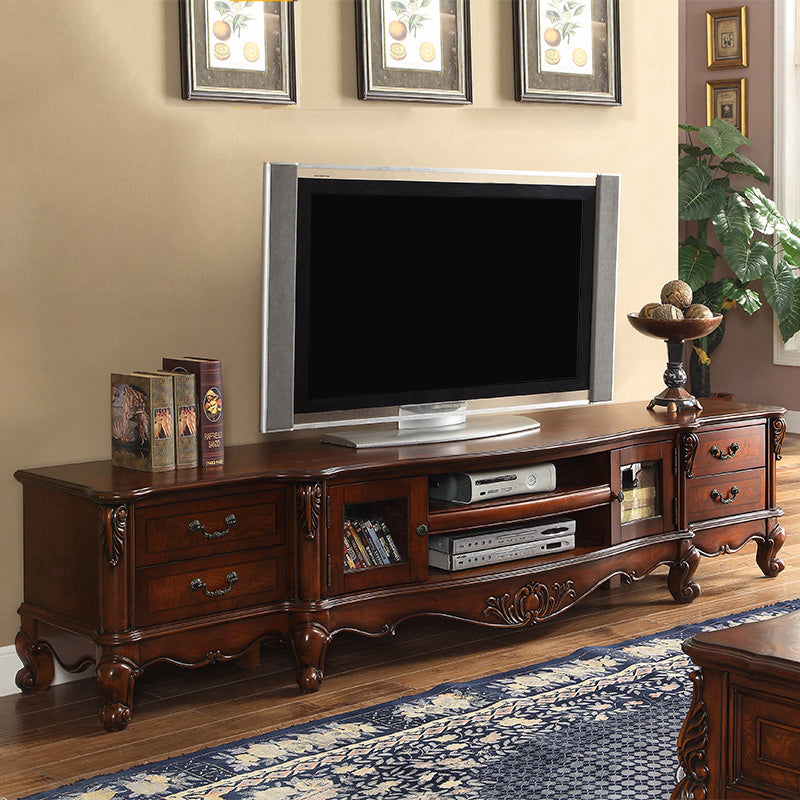 Traditional Style TV Stand Brown Birch Wood TV Cabinet with Shelves