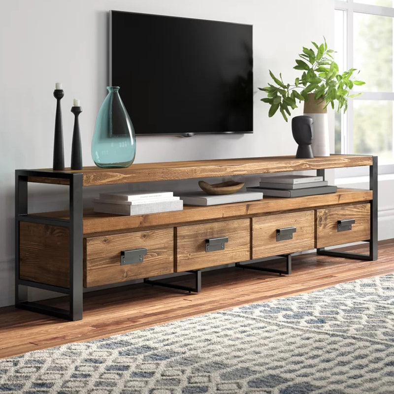 Brown Media Console with Shelves Industrial Pine Wood Top TV Media Stand