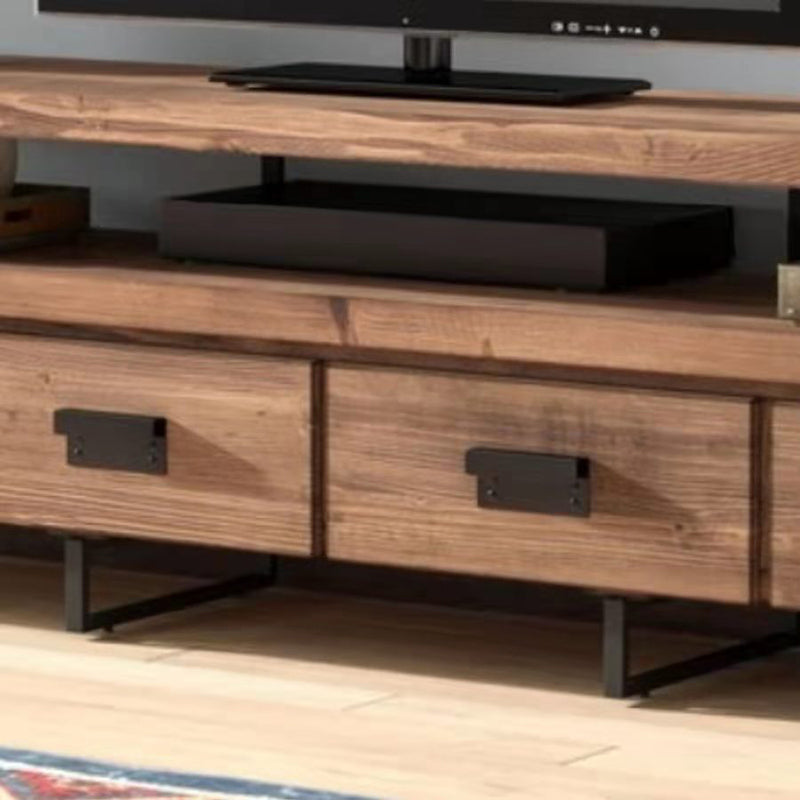 Brown Media Console with Shelves Industrial Pine Wood Top TV Media Stand