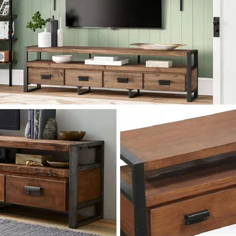 Brown Media Console with Shelves Industrial Pine Wood Top TV Media Stand