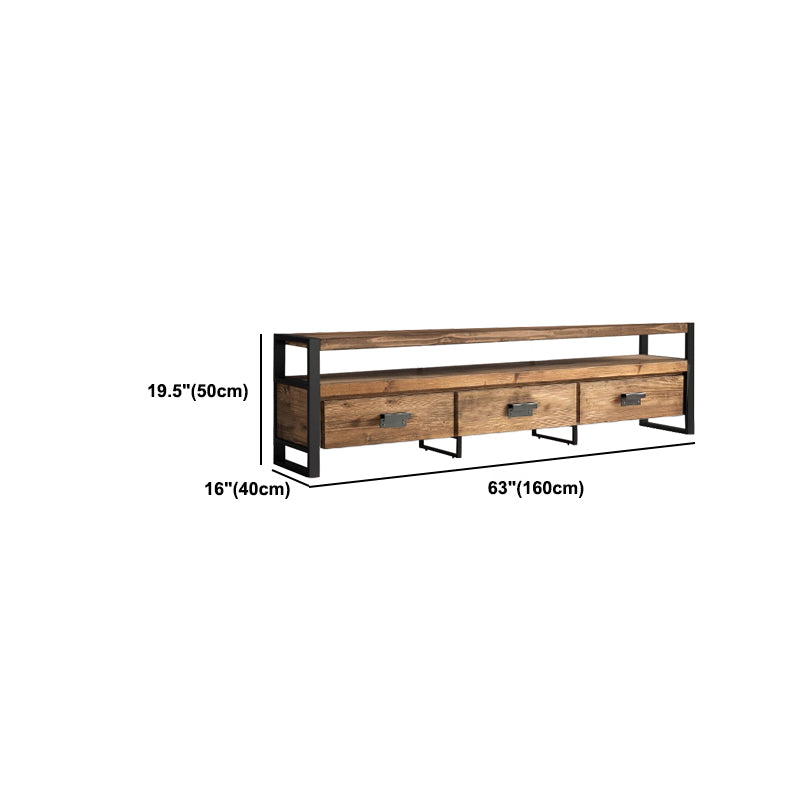 Brown Media Console with Shelves Industrial Pine Wood Top TV Media Stand