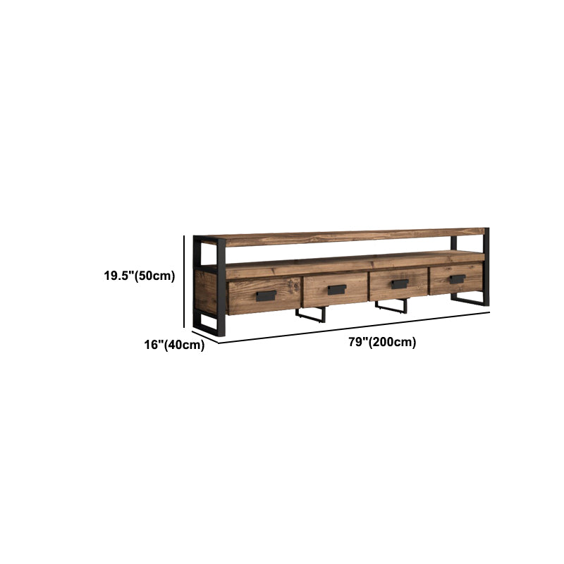 Brown Media Console with Shelves Industrial Pine Wood Top TV Media Stand