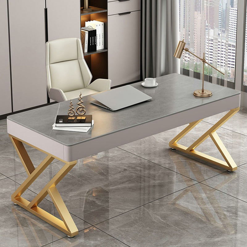 Glam Grey Office Desk Rectangular Executive Desk with Drawers