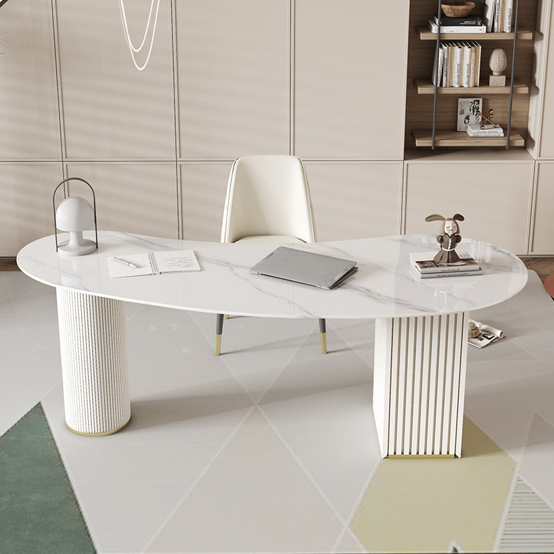 Unconventional Shape Office Desk Pedestal Glam Writing Desk in White