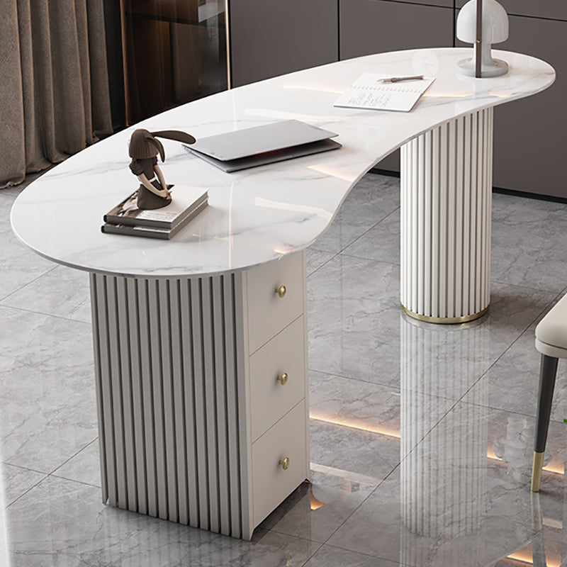 Unconventional Shape Office Desk Pedestal Glam Writing Desk in White