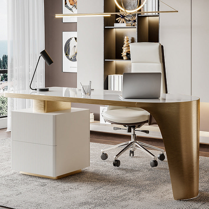 Glam Office Desk Peninsula Writing Desk with Chrome Metal Base