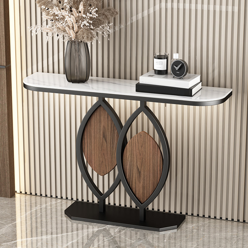 Glam Stone Console Table Metal Frame Half Moon Accent Table, 31.49" High