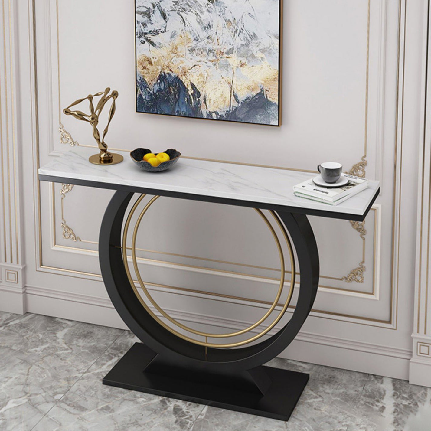 Rectangle Stone Console Table 31.49" High Accent Table with Iron Frame