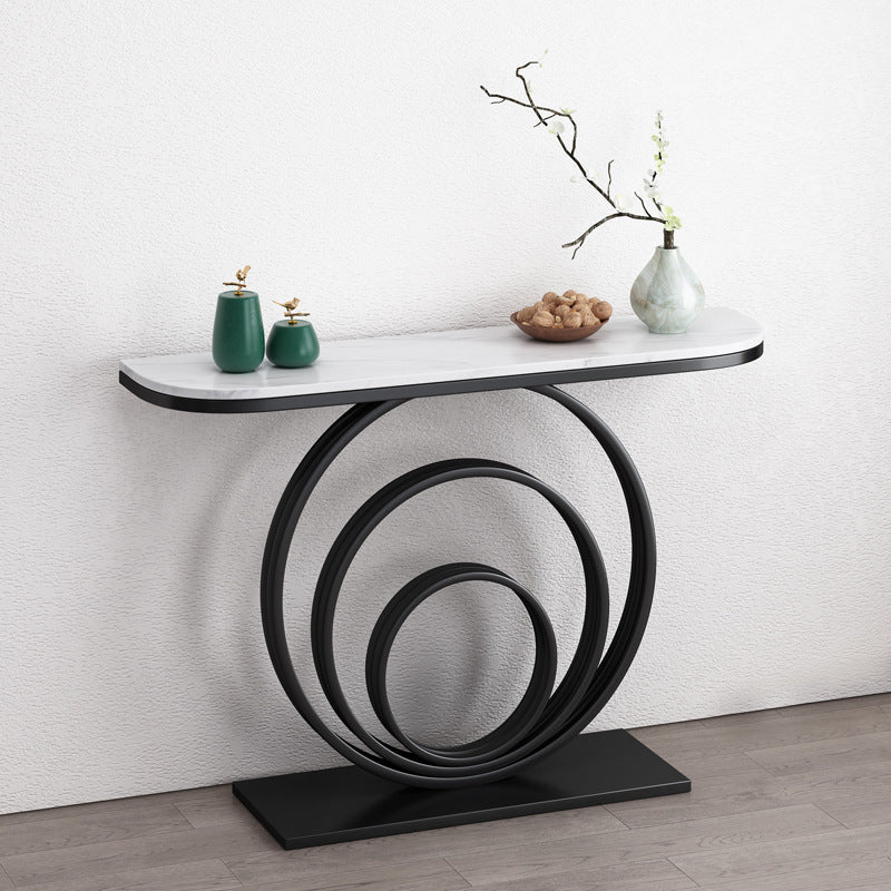 Modern Half Moon Console Table Top Stone Accent Table with Metal Black Base