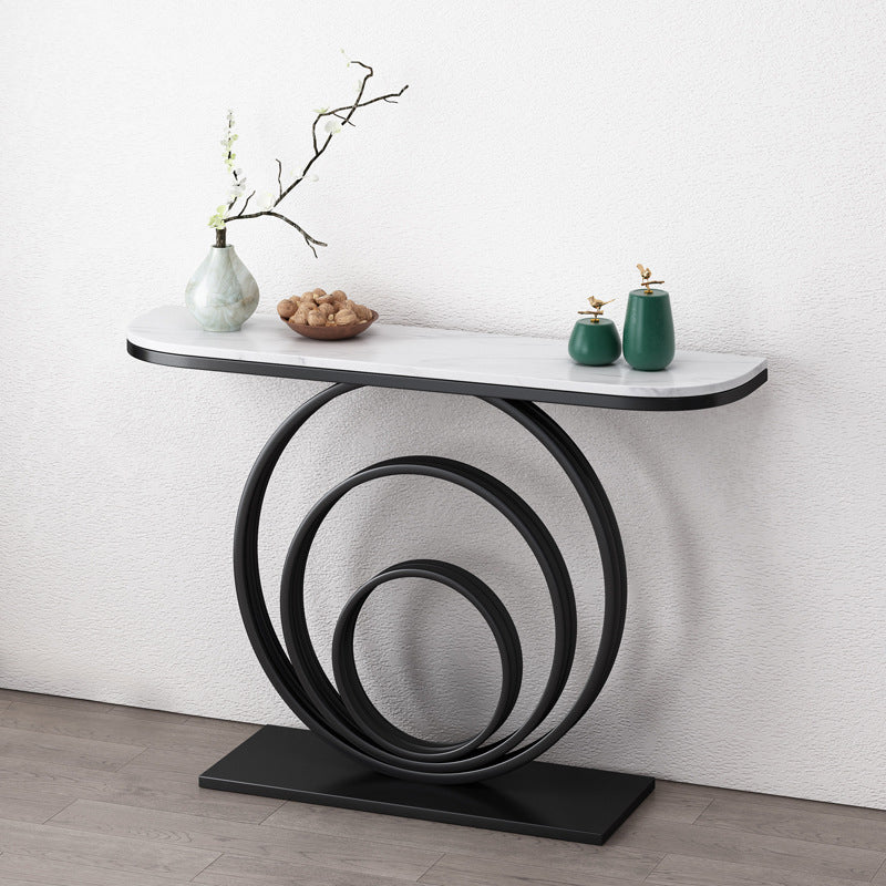 Modern Half Moon Console Table Top Stone Accent Table with Metal Black Base