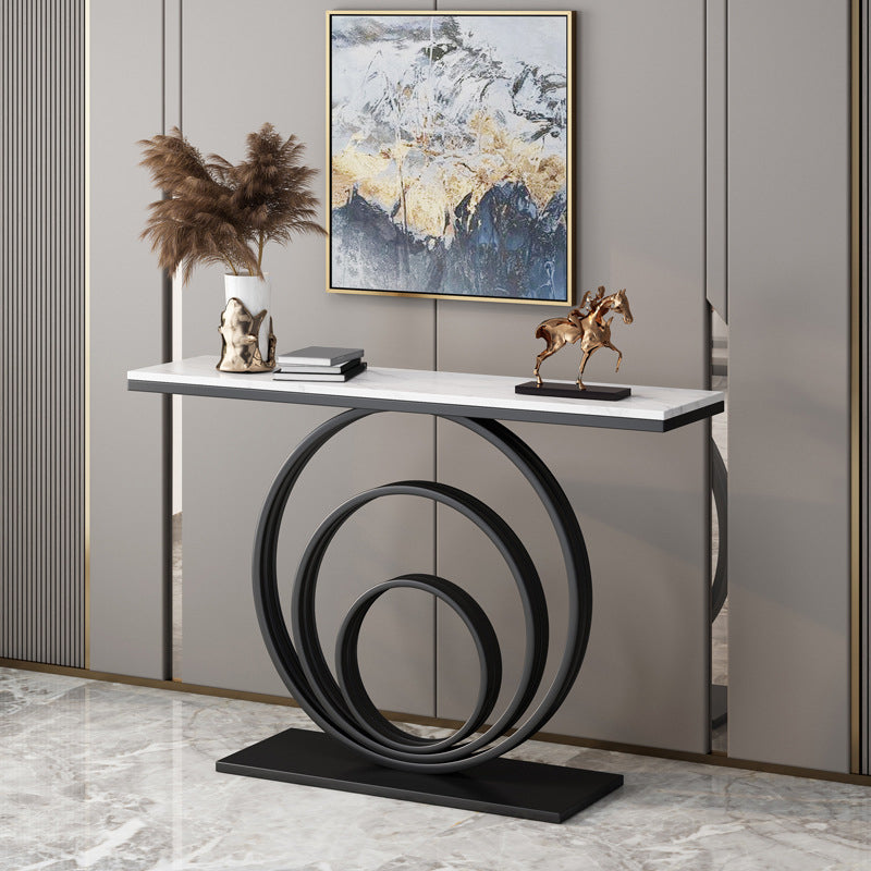 Modern Half Moon Console Table Top Stone Accent Table with Metal Black Base