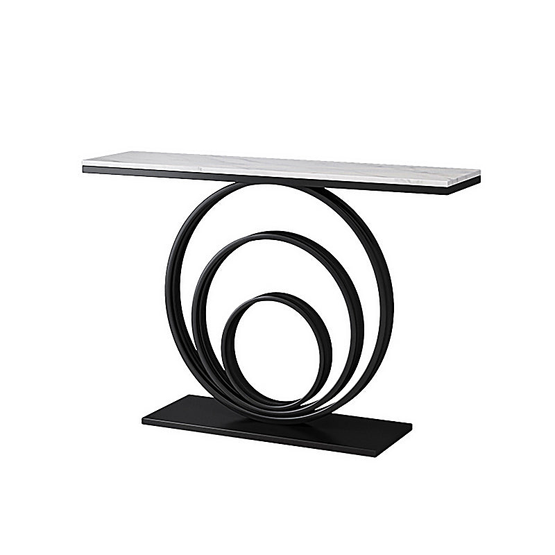 Modern Half Moon Console Table Top Stone Accent Table with Metal Black Base